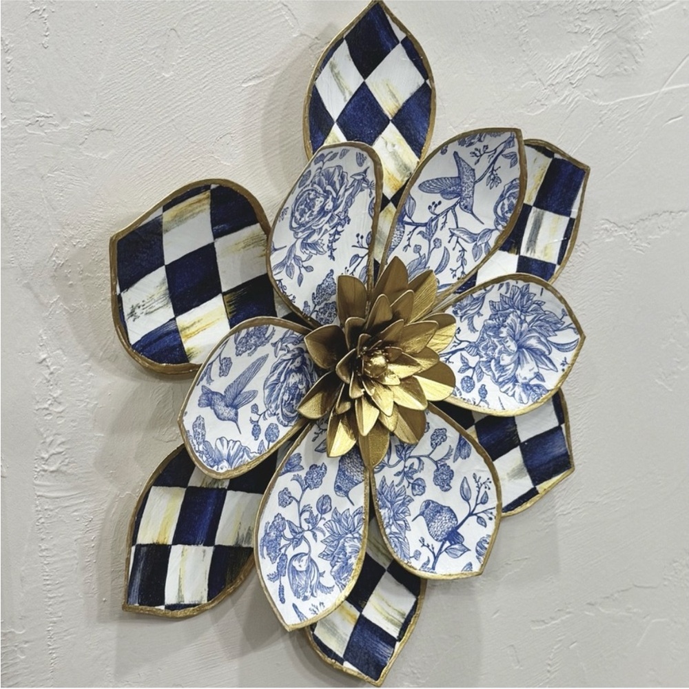 Hand Crafted Royal Check and Hummingbird Metal Wall Decor Blue White 13” - Picture 2 of 9